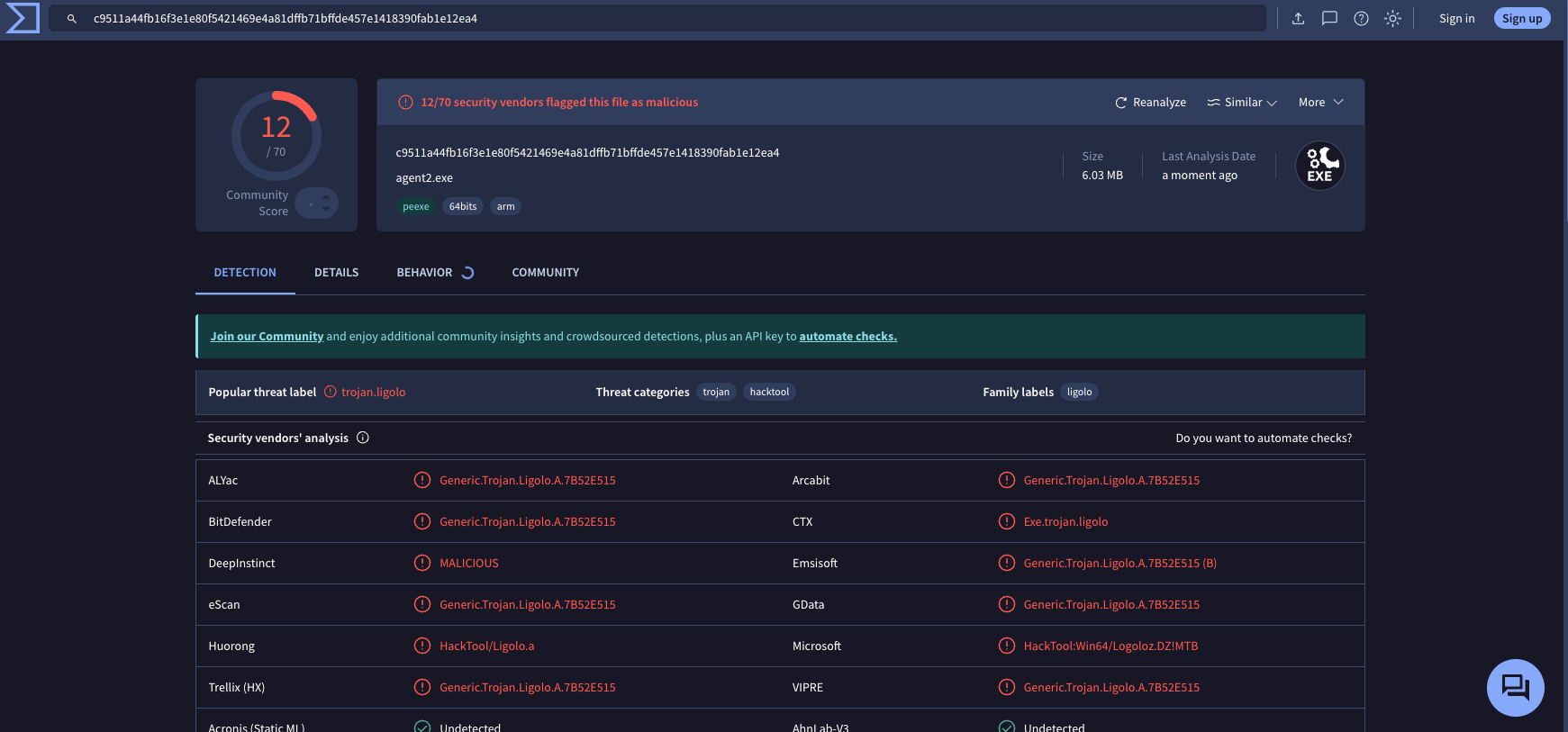 Rys 4. Wynik VirusTotal dla agenta Ligolo-ng skompilowanego samodzielnie z kodu źródłowego.