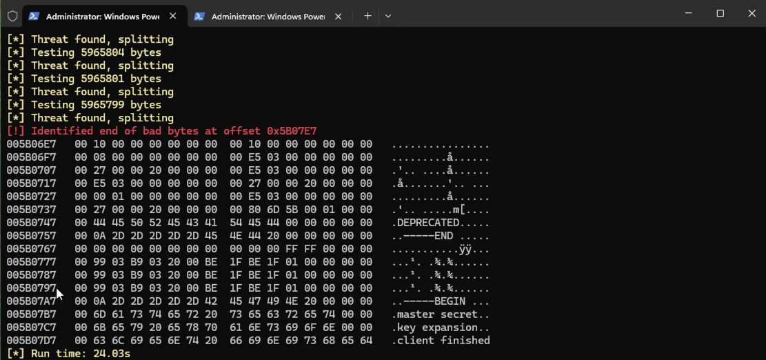 Rys 7. Bajty, które zostały oznaczone przez Windows Defender, wskazane przez ThreatCheck.