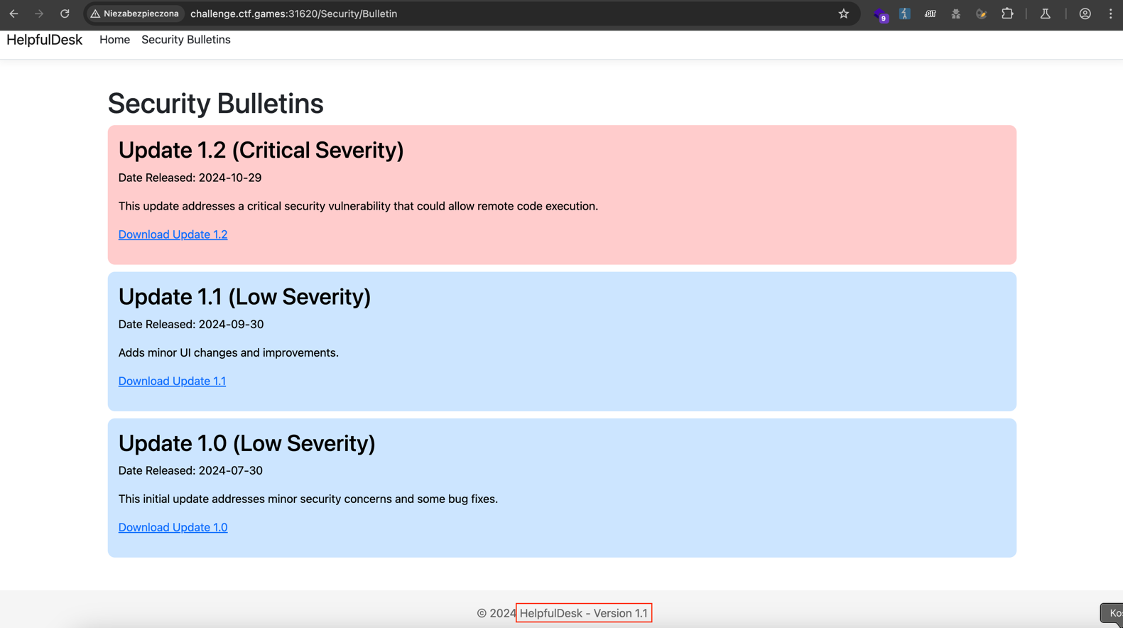 Security bulletin and detected software version.