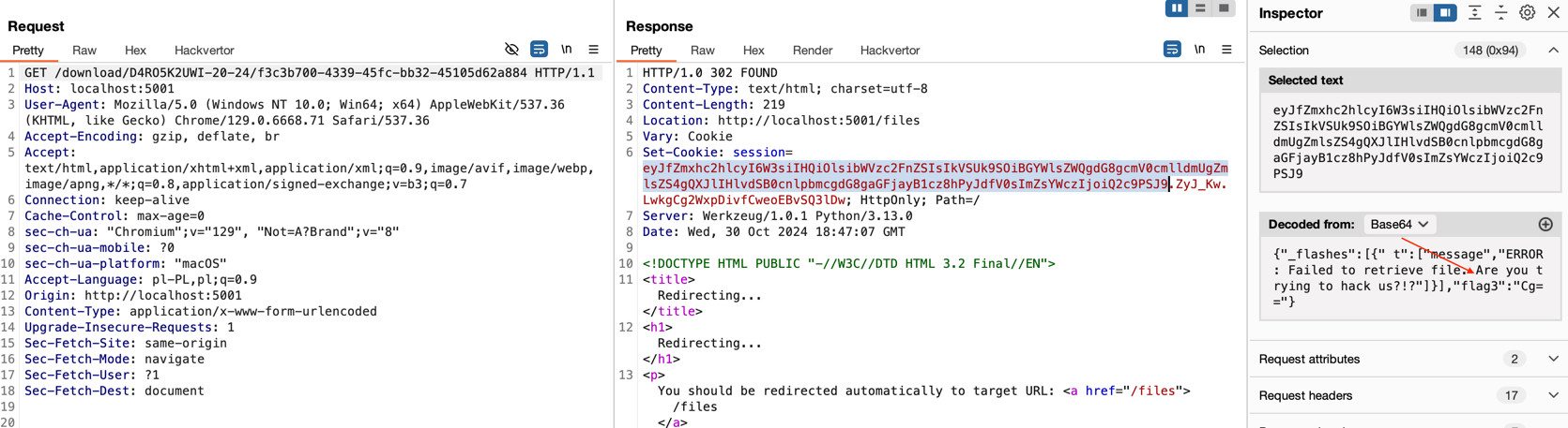 Command result received in the session cookie.