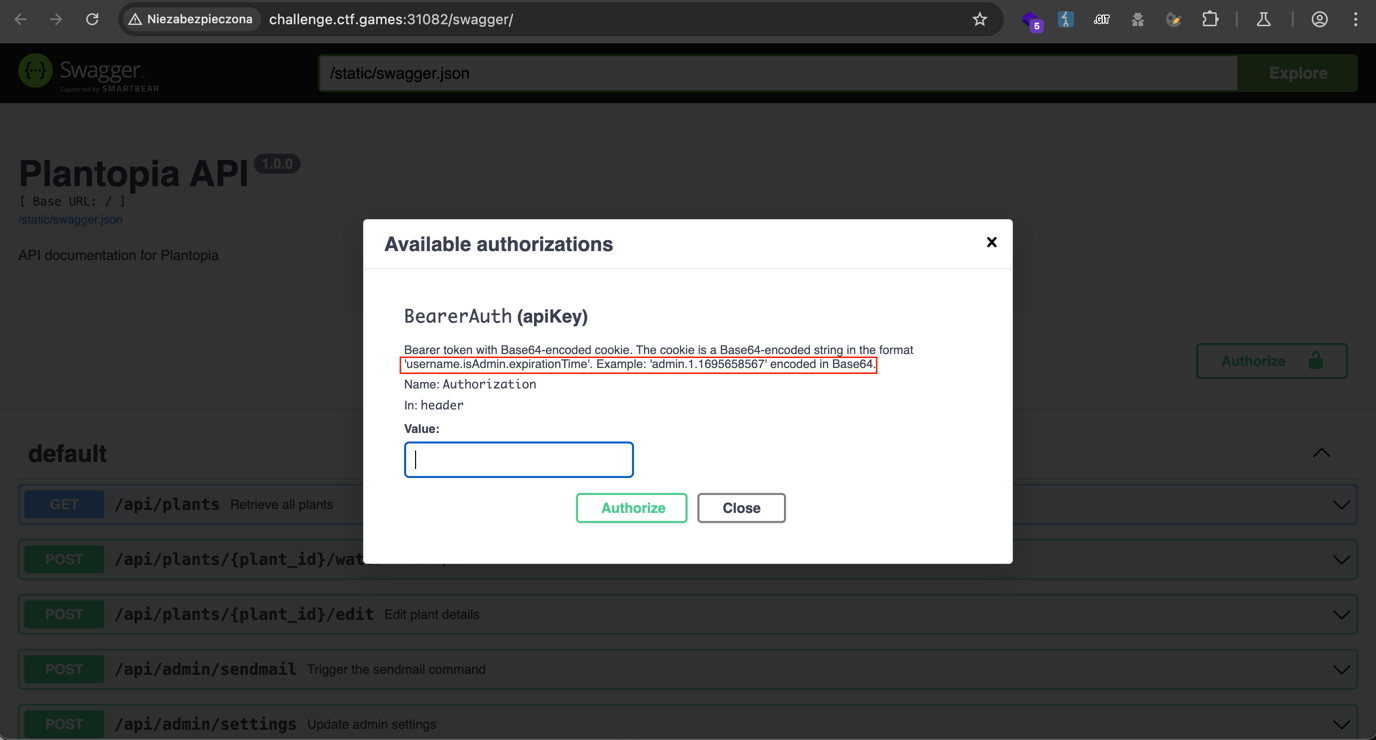 Access to Swagger documentation and authorization header instructions.