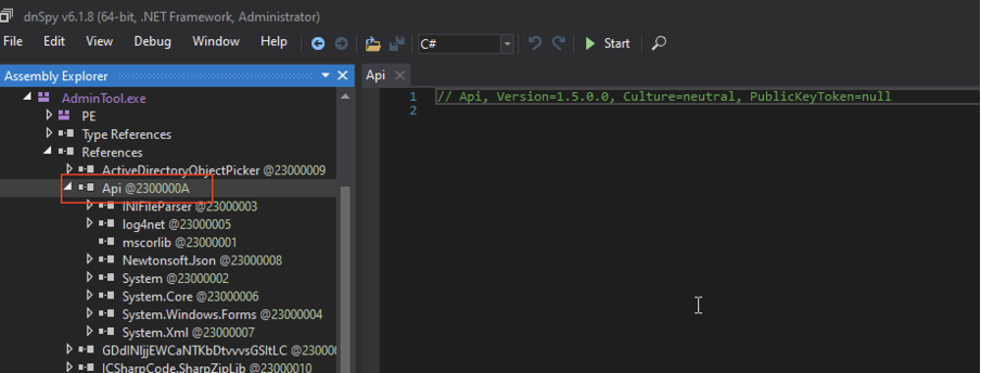 Fig. 4. Detected dependency on Api.dll within AdminTool.exe.
