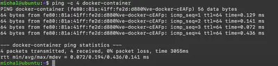 Rys. 2. Wykorzystanie polecenia ping do rozwiązania adresu kontenera docker-container.