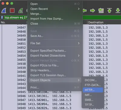 Rys. 21. Wybrana opcja Wireshark pozwalająca na export obiektów z komunikacji HTTP.