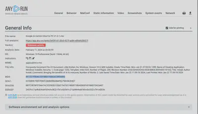 Rys. 16. Znaleziona wartość md5 dla pliku Google AI Gemini Ultra For PC V1.0.1.msi (źródło: https://any.run/report/bb7c3b78f2784a7ac3c090331326279476c748087188aeb69f431bbd70ac6407/0ef391d1-20c0-4279-adb6-e89afe28d37f).