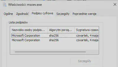 Rys. 4. Podpis cyfrowy dla pliku msoev.exe.