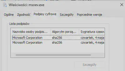 Rys. 4. Podpis cyfrowy dla pliku <code>msoev.exe</code>.