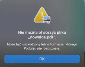 Rys. 16. Błąd podczas próby otwarcia zdeszyfrowanego pliku pdf za pomocą domyślnej przeglądarki pdf.