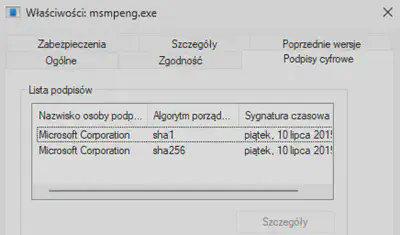 Rys. 14. Wystawca podpisu cyfrowego dla pliku <code>msmpeng.exe</code>.