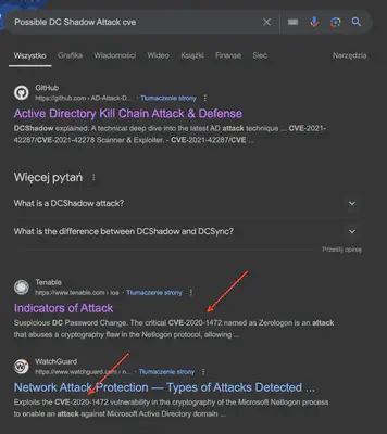 Rys. 3. Znalezione CVE powiązane z podejrzaną aktywnością  <code>Possible DC Shadow Attack</code>.