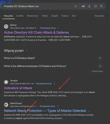 Rys. 3. Znalezione CVE powiązane z podejrzaną aktywnością  Possible DC Shadow Attack.