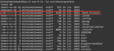 Rys. 14. Znaleziony plik .bash_history w katalogu domowym użytkownika grafana.