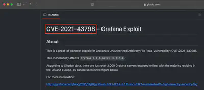 Rys. 5. Znalezione CVE oraz exploit dla wykrytej wersji Grafany (źródło: https://github.com/pedrohavay/exploit-grafana-CVE-2021-43798).