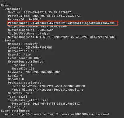 Rys. 13. Wykryte dodatkowe zmiany czasu wykonane przez SystemSettingsAdminFlows.exe.