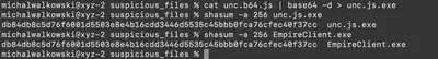 Fig. 17. SHA256 hashes for the decoded file from <code>unc.js</code> and <code>EmpireClient.exe</code>.