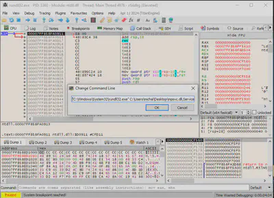 Fig. 19 Command line configuration for launching the malware in x64dbg.